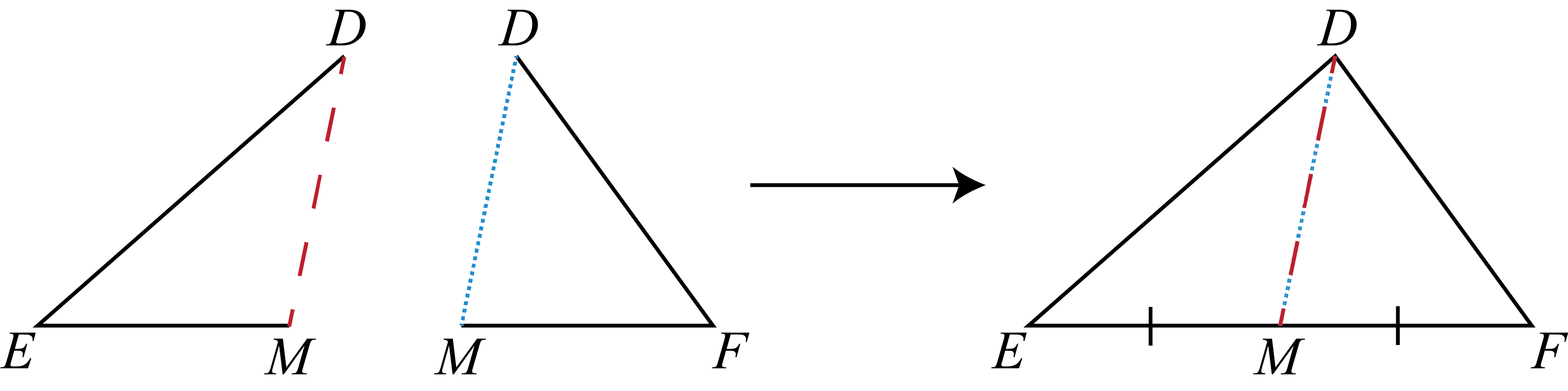 Separate triangles DEM and DFM are  joined along common side DM to form triangle DEF with point M on side EF. Point M divides EF into two segments of equal length.