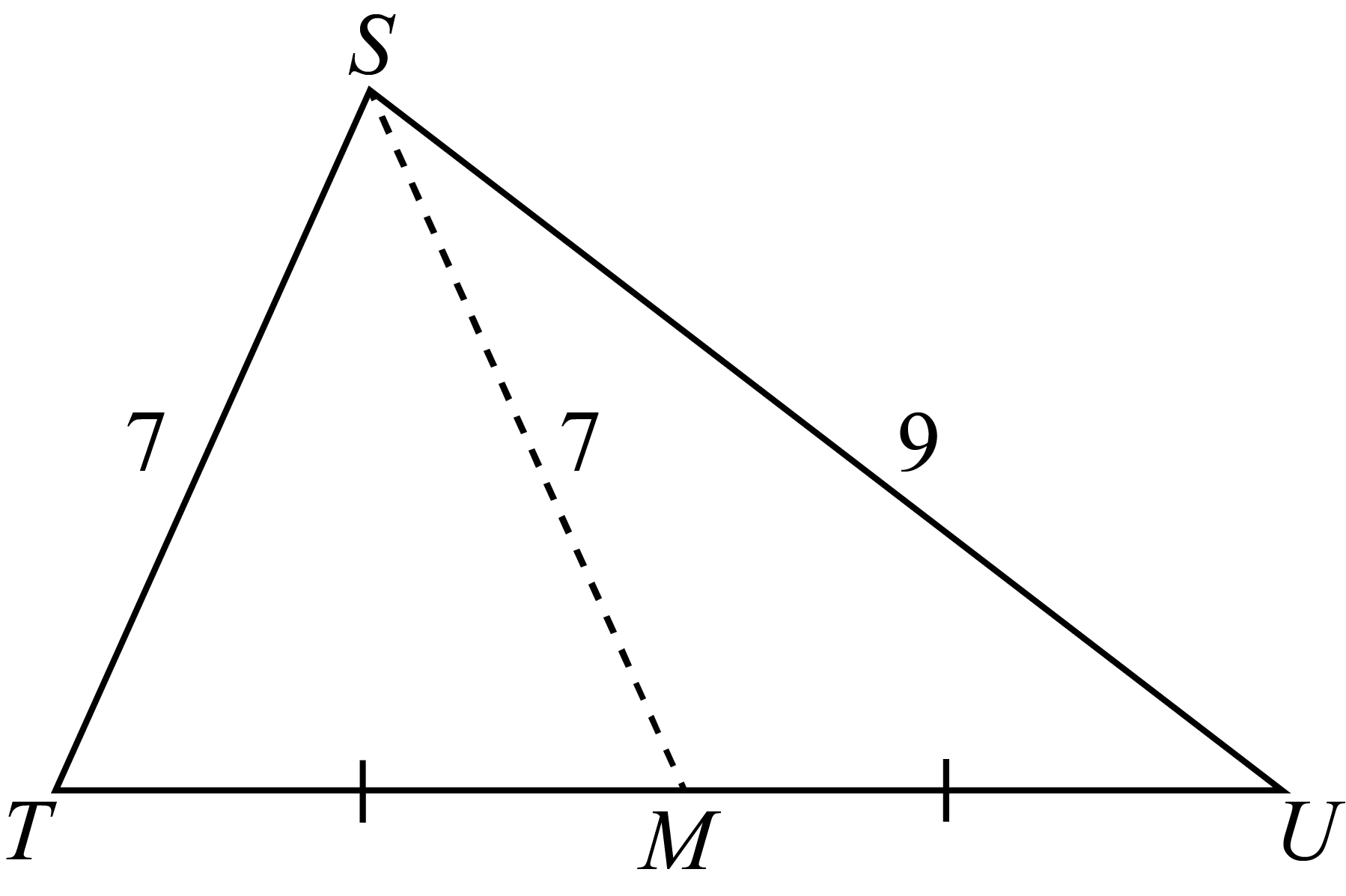 In triangle STU, point M divides TU into two equal segments, TM and MU. Vertex S is located above segment TM. 